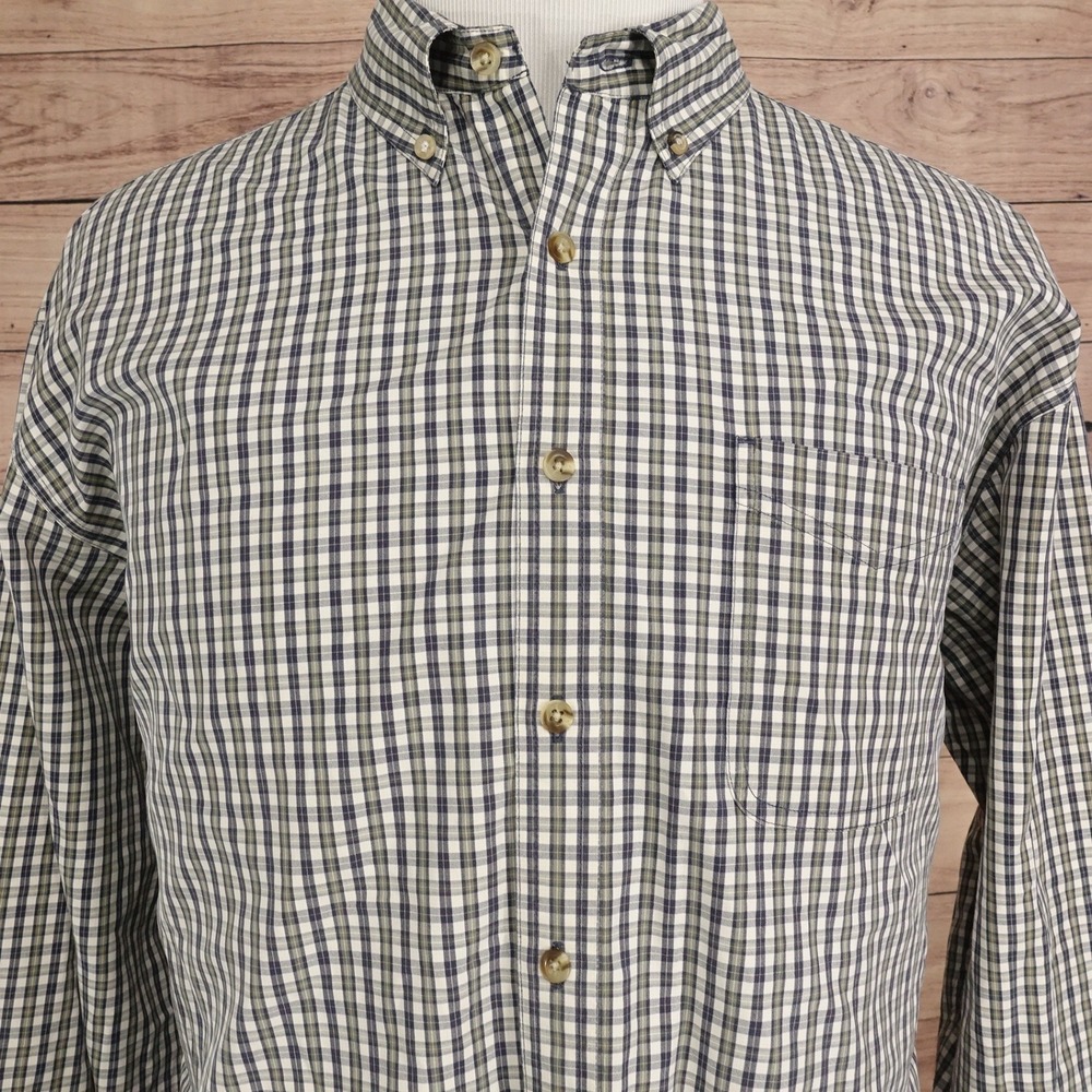 LL Bean Button Down Shirt Mens XL Green Navy Plaid Cotton Long Sleeve